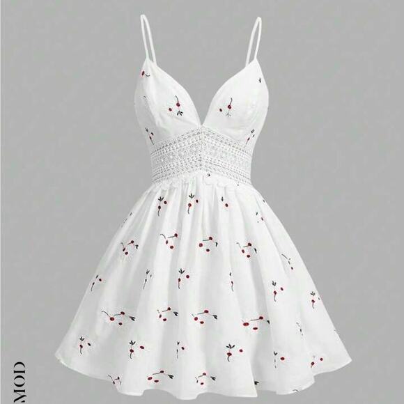 MOD Women's Floral Embroidery Lace Patchwork Cami Dress white red cherry SZ SM - Picture 2 of 9